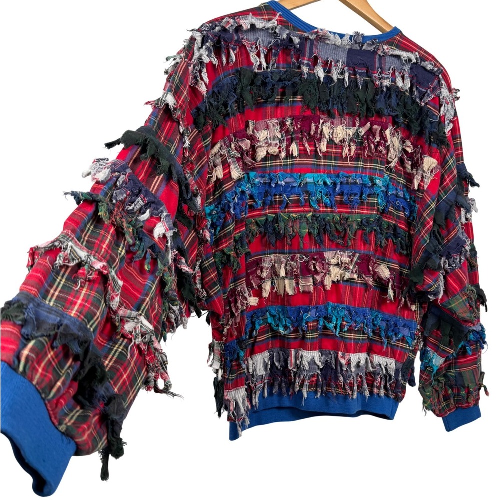 VTG Paula‎ Sweet Flannel Fur Red Plaid Fringe Sweater Women L Dopamine Festive